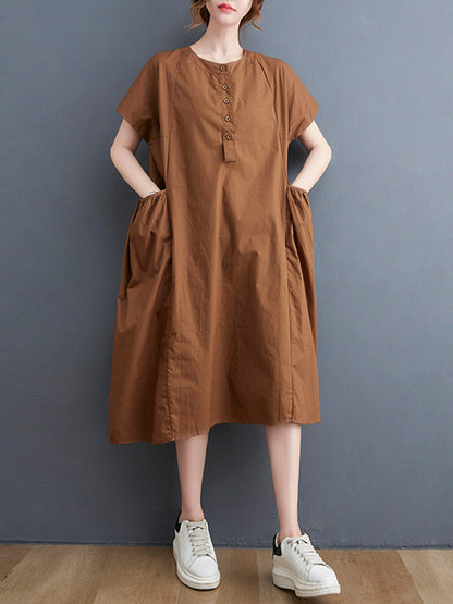 Casual Solid Color Round-Neck With Pocket Midi Dress