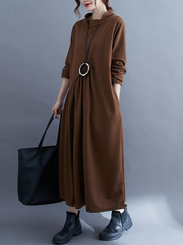 Simple Solid Color Asymmetric Split-Joint Long Sleeve Midi Dress