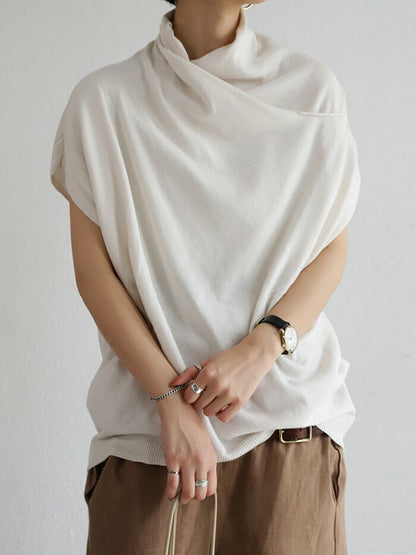 Casual Irregular Solid Color Pleated Heaps Collar Short Sleeves T-Shirt