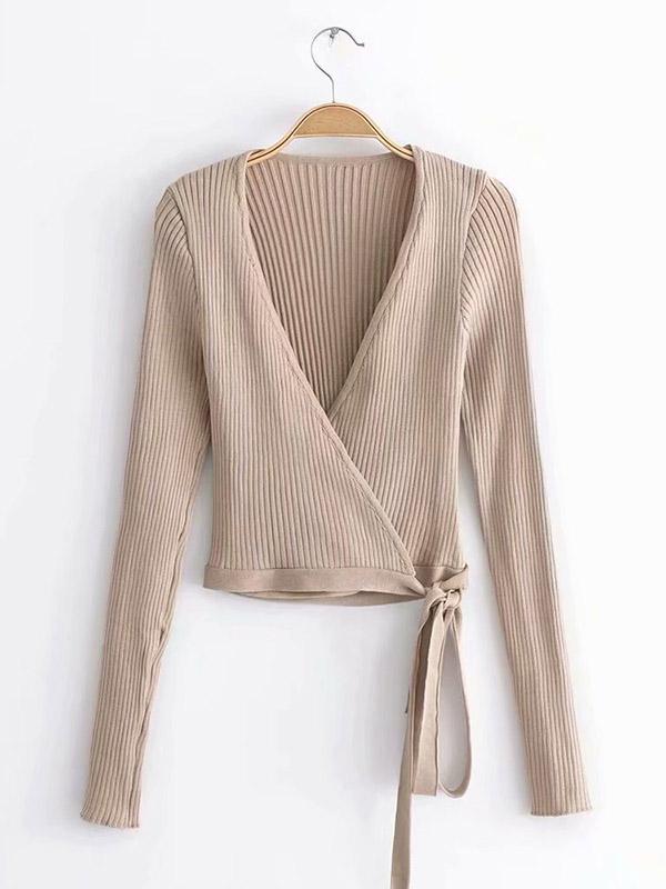 Solid Wrap V-Neck Sweater Tops