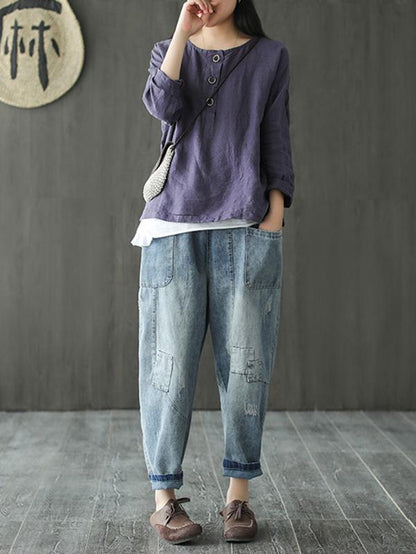 Artistic Retro Solid Shirt Blouse Tops