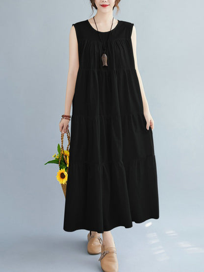 Simple Casual Loose Artistic Retro Pleated Solid Color Midi Dress