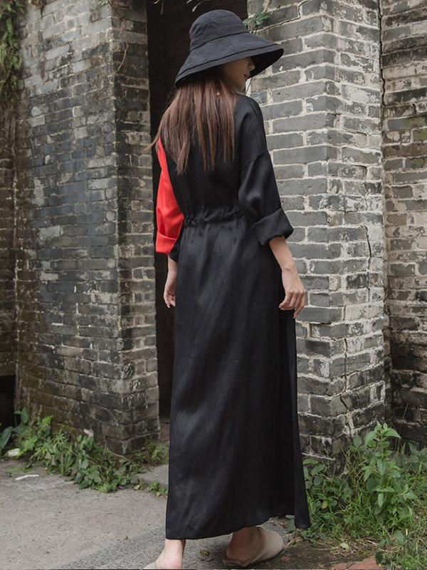 Color Blocking Tencel Linen Round-neck Long Dress