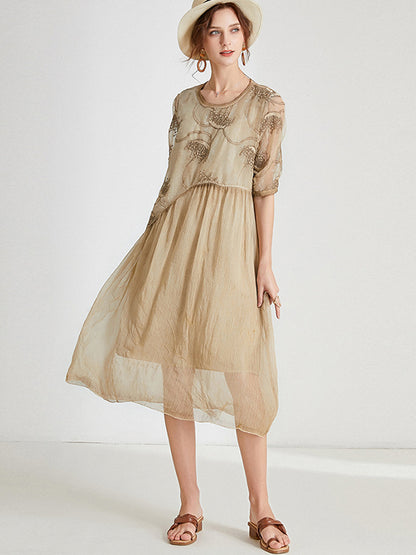 Original Artistic Retro Loose Embroidered Pleated Split-Joint Midi Dress