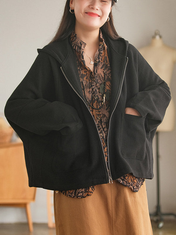 Casual Loose Solid Color Hooded Split-Joint Zipper Outerwear