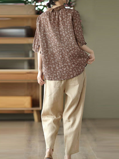 Vintage Loose Floral Printed Half Sleeves Blouse