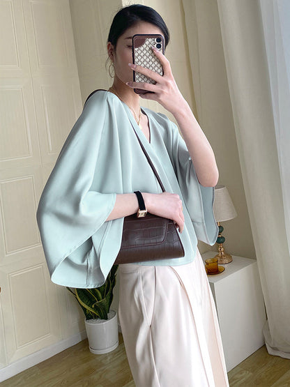 Chic Simple Solid Color Split-Joint V-Neck Batwing Sleeves T-Shirt
