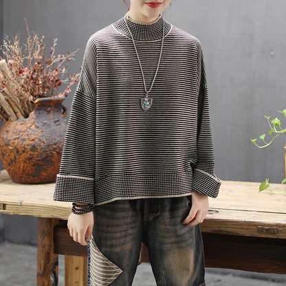 Buykud Half Turtleneck Striped Pullover Casual Sweater