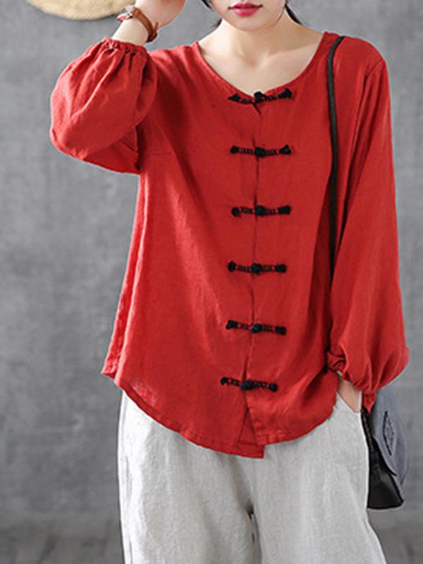 Artistic Retro Buckle Blouse Tops