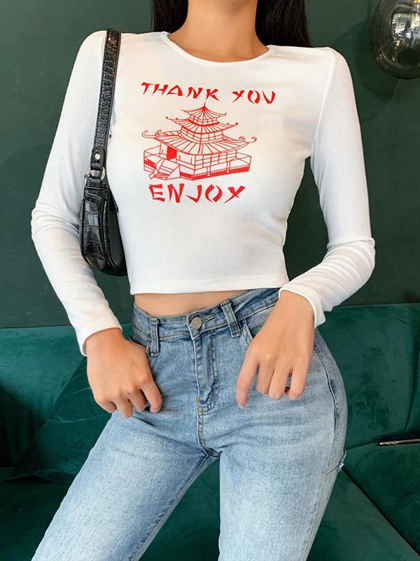 Casual Wrap Printed Long Sleeves Tees