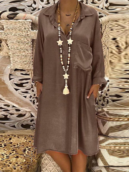 Loose V-neck Pocket Long Sleeves Midi Dress