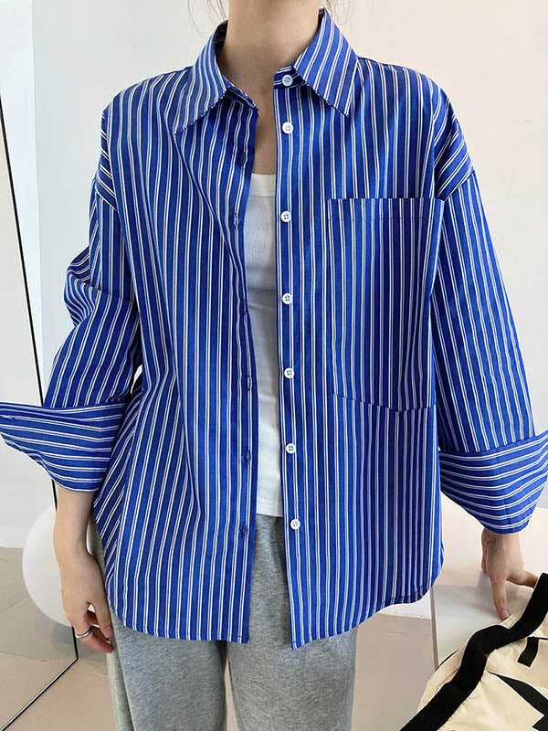 Chic Simple Striped Buttoned Split-Joint With Pocket Lapel Collar Long Sleeves Blouse