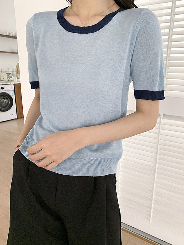 Casual Knitting Round-Neck Contrast Color T-Shirts Tops