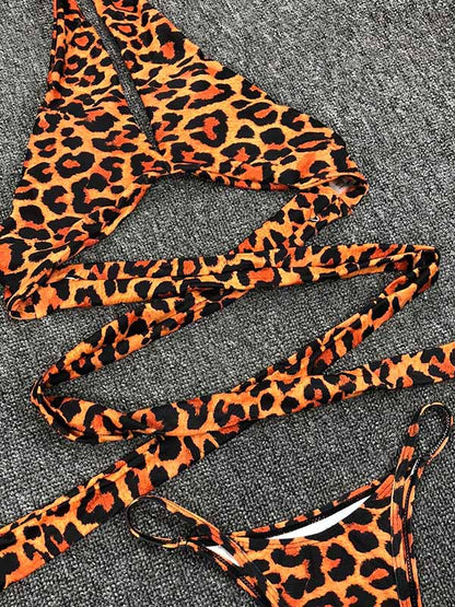 Sexy V-Neck Bandage Leopard Print Bikini Swimsuit