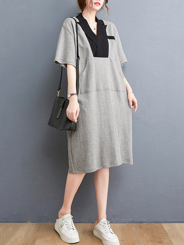 Urban Notched Collar Split-Joint Midi Dress