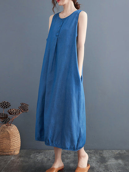 Simple Casual Denim Solid Color Midi Dress