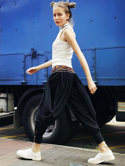 Loose Chiffon Embroidered Wide Leg Harem Pants