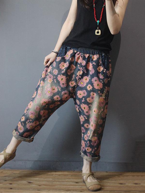Vintage Floral Elastic Waist Harem Jean Pants