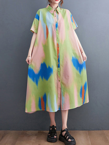 Artistic Retro Contrast Color Printed Midi Dress