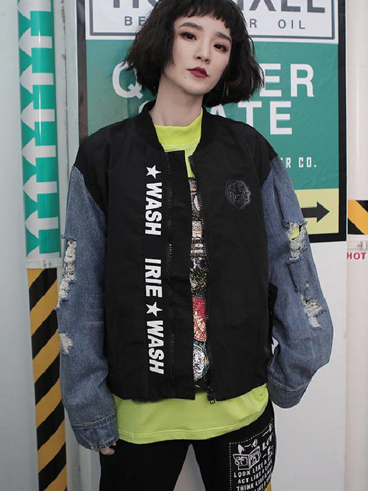 Hip-hop Split-joint Shredded Street Jeans Jacket