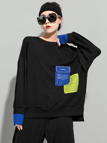 Casual Cool Contrast Color Split-Joint Letter Printed Round-Neck Long Sleeves Sweatshirts