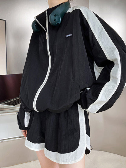 Original Casual Sports Sun-Protection Contrast Color Zipper Outwear&Shorts 2 Pieces Set