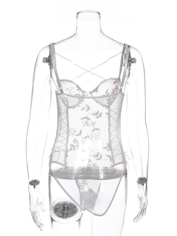 Sexy Bandage Embroidered Split-Joint Bodysuit Lingerie