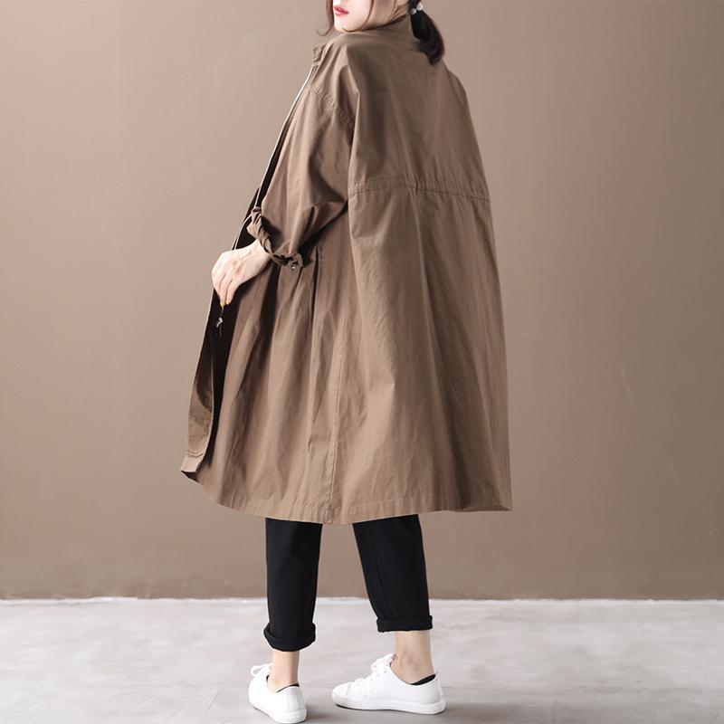 Buykud Literary Casual Pleated Pockets Zipper Trench Coat