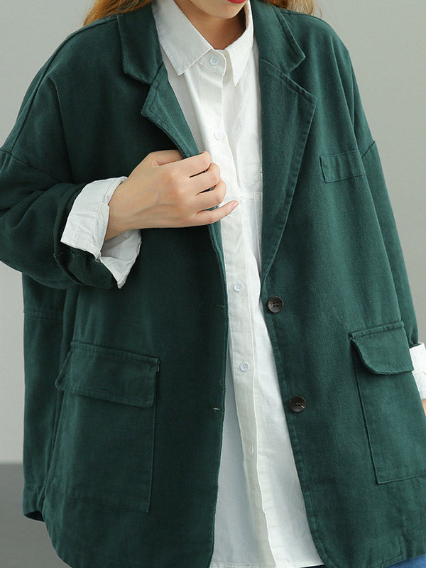 Simple Solid Color Buttoned Notched Collar Batwing Sleeve Outerwear