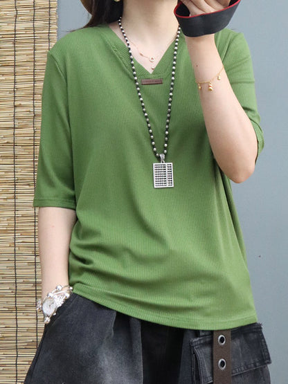 Simple Solid Color V-Neck Short Sleeves T-Shirt Tops
