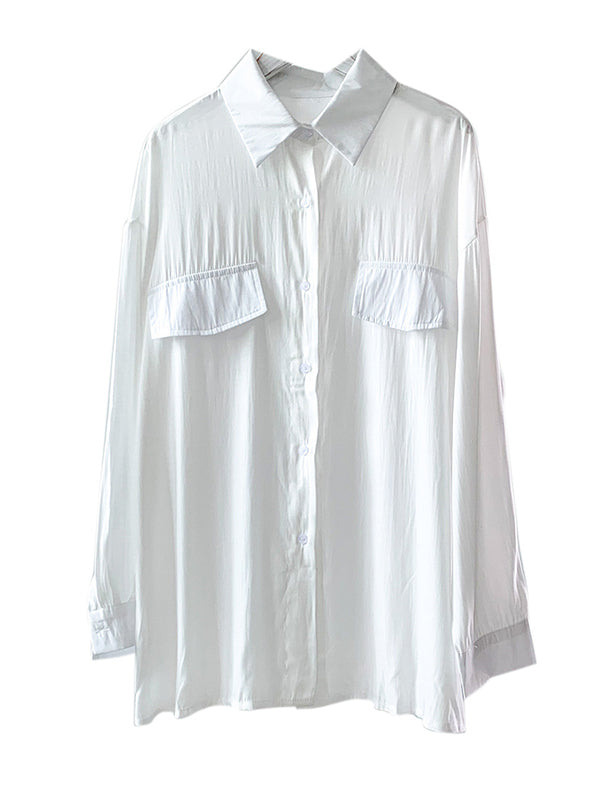 Simple Solid Color Buttoned Lapel Sun Protection Long Sleeves Blouse Tops