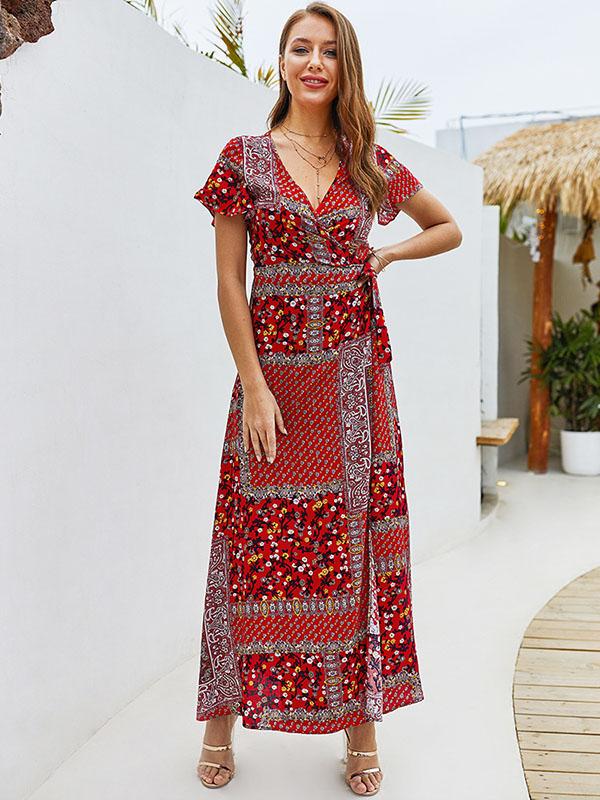 V-neck Short Sleeve Bohemian Dress