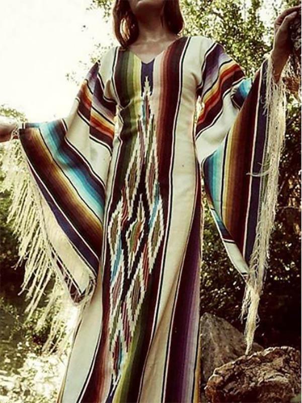 Tasseled Flared Sleeves Printed Maxi Dress