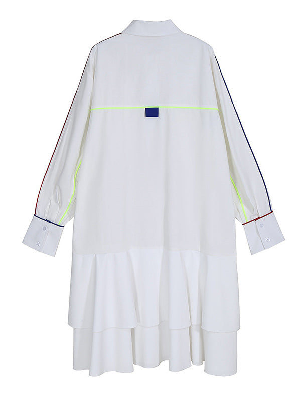 Original Falbala Pleated Split-Joint With Pocket Buttoned Lapel Collar Long Sleeves Midi Shirt Dress