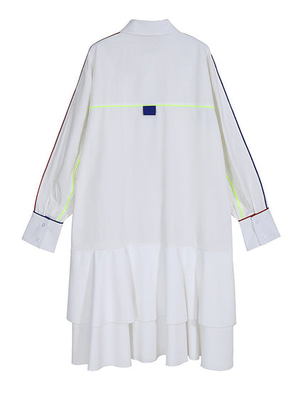 Original Falbala Pleated Split-Joint With Pocket Buttoned Lapel Collar Long Sleeves Midi Shirt Dress