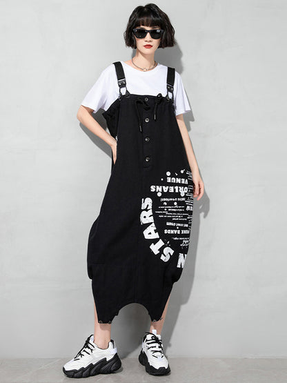 Casual Loose Letter Printed Drawstring Midi Dress