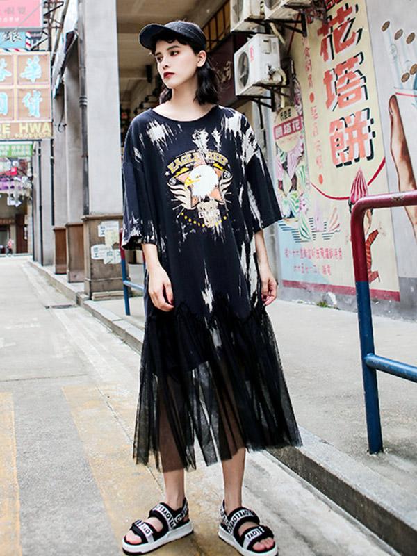 Mesh Split-joint Loose Printed Dress