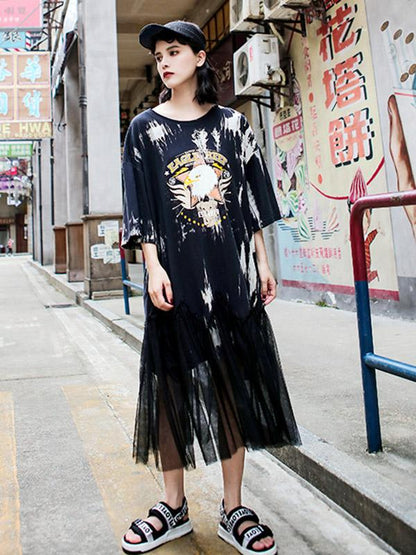 Mesh Split-joint Loose Printed Dress