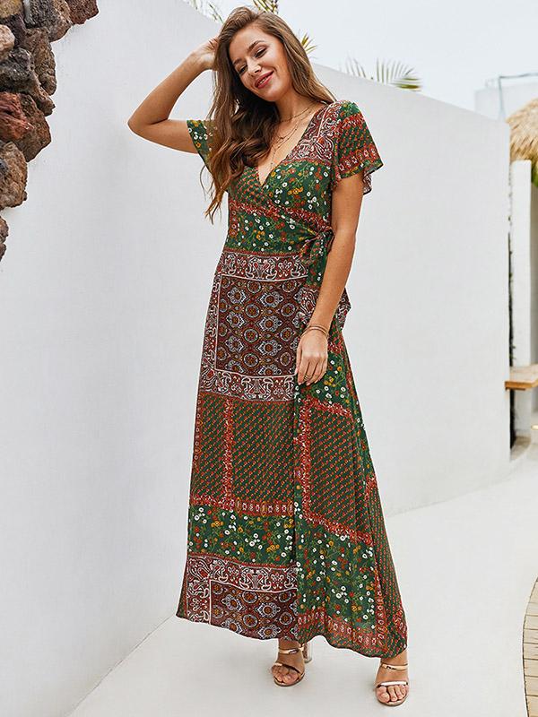 V-neck Short Sleeve Bohemian Dress