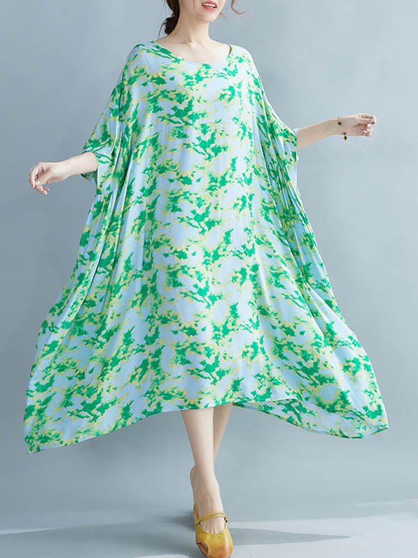 Stylish Printed Round-Neck Batwing Sleeve Midi Dress