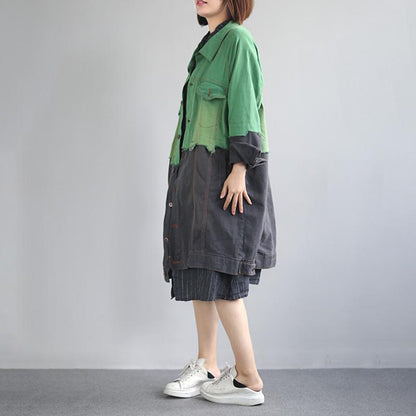 Buykud Color Matching Spliced Casual Denim Trench Coat