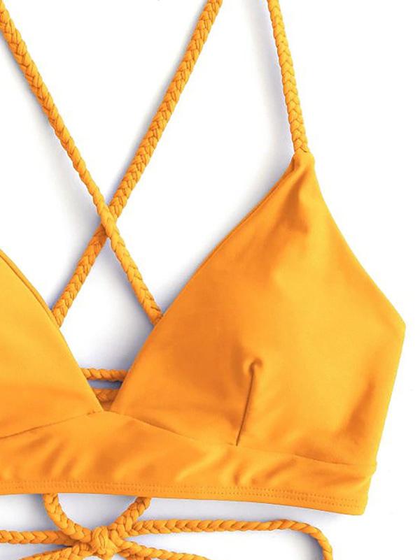 Solid Color Backless Bandage Split Bikini Swimsuit