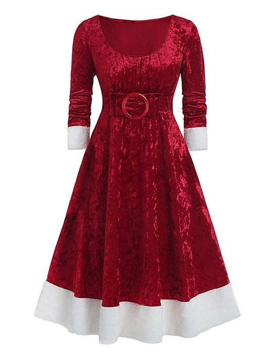 Vintage Contrast Color Long Sleeves Midi Dresses