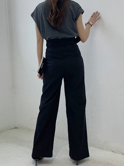 Simple 9 Colors Ramie Cotton Tied High-Waisted Pants