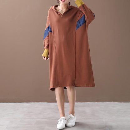 Buykud Color Matching Comfortable Loose Hooded Dress