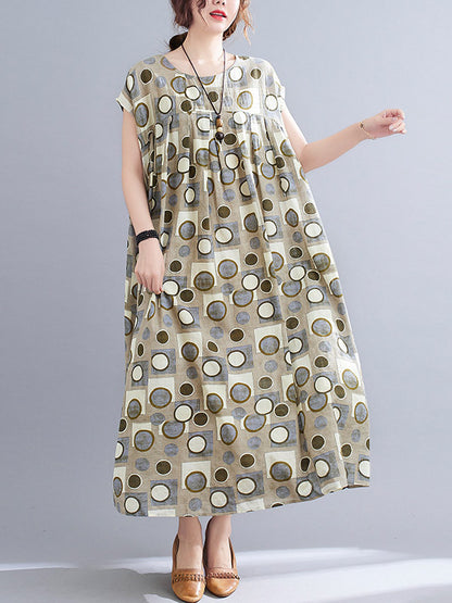 Artistic Retro Loose Polka-Dot Printed Pleated Round-Neck Short Sleeves Midi Dress