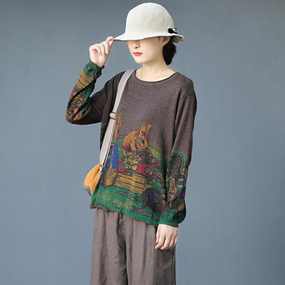 Buykud Cartoon Rabbit Printed Casual Knitted Shirt