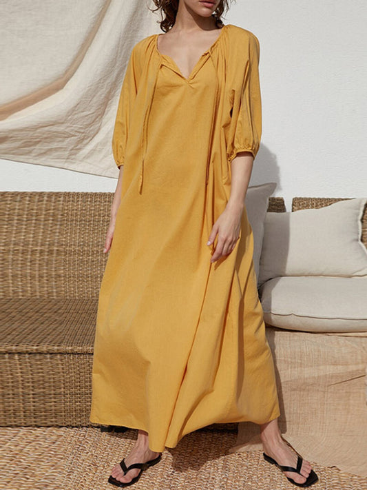 Casual Loose Linen 3 Colors Tied Pleated V-Neck Bishop Half Sleeves Midi Dress