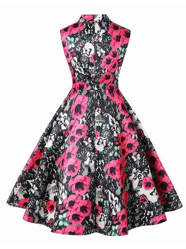 Vintage Printed Sleeveless A-Line Midi Dresses