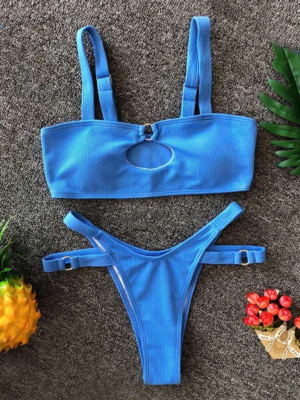 Solid Color Hollow Bandage Split Bikini Swimsuit